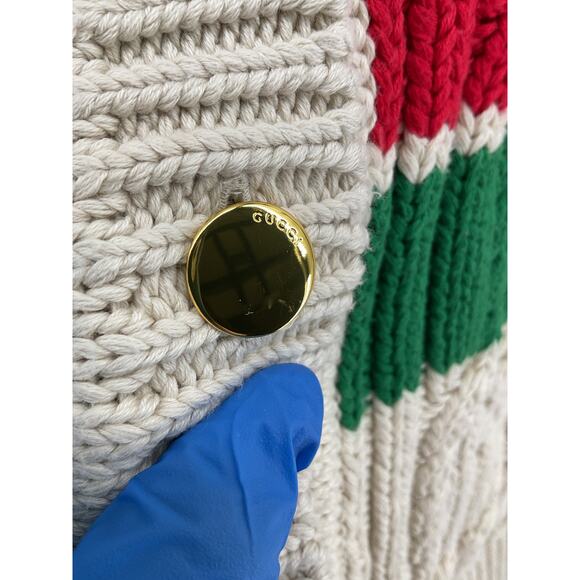 Gucci Cable Knit Cream White Bright Red Green Web Stripe Cardigan Size XS - Picture 7 of 9